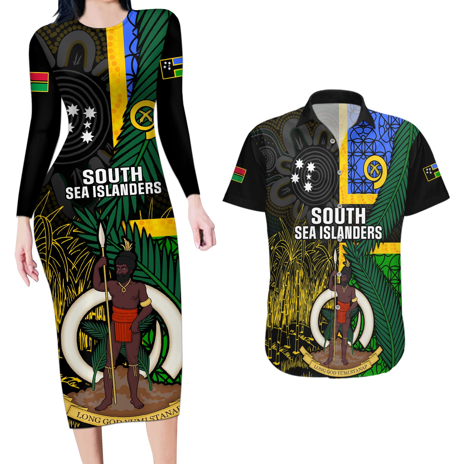 Personalised South Sea Islanders Couples Matching Long Sleeve Bodycon Dress and Hawaiian Shirt Kanakas With Vanuatu Coat Of Arms - Wonder Print Shop