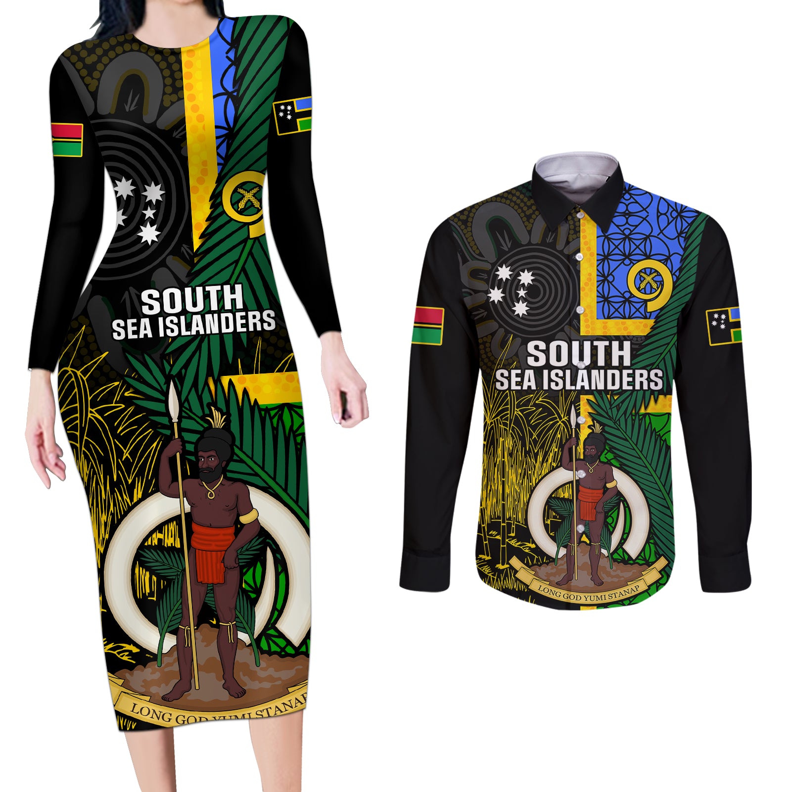 Personalised South Sea Islanders Couples Matching Long Sleeve Bodycon Dress and Long Sleeve Button Shirts Kanakas With Vanuatu Coat Of Arms - Wonder Print Shop