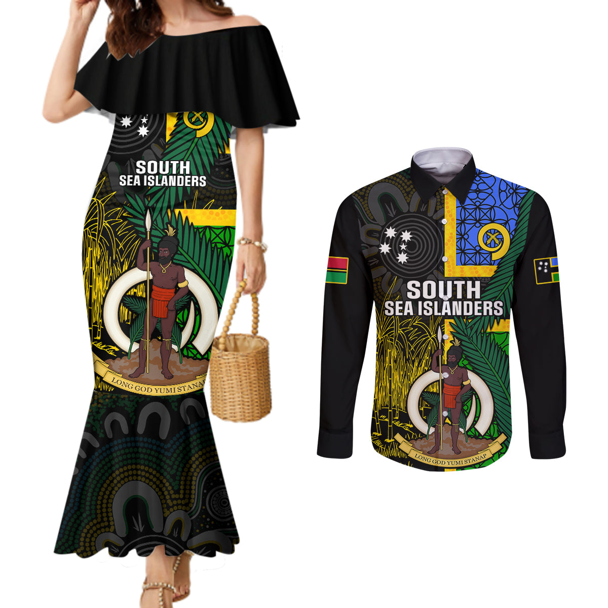 personalised-south-sea-islanders-couples-matching-mermaid-dress-and-long-sleeve-button-shirts-kanakas-with-vanuatu-coat-of-arms