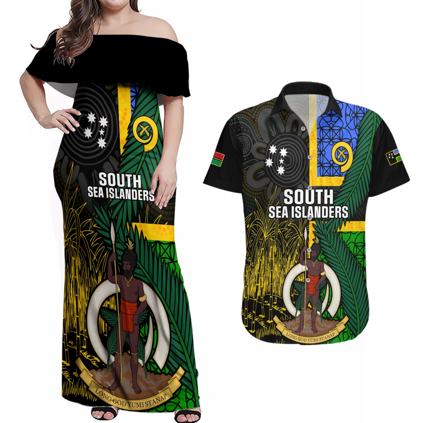 Personalised South Sea Islanders Couples Matching Off Shoulder Maxi Dress and Hawaiian Shirt Kanakas With Vanuatu Coat Of Arms - Wonder Print Shop