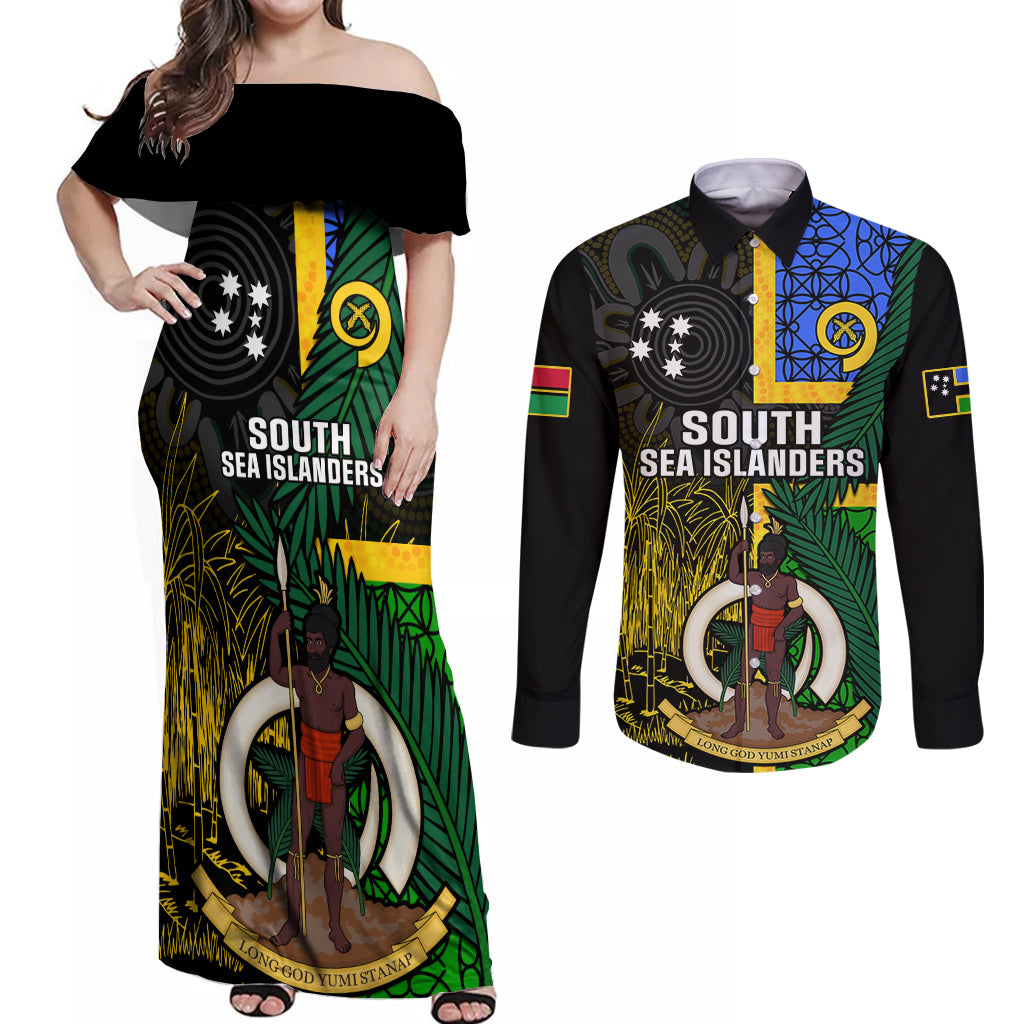 Personalised South Sea Islanders Couples Matching Off Shoulder Maxi Dress and Long Sleeve Button Shirts Kanakas With Vanuatu Coat Of Arms - Wonder Print Shop