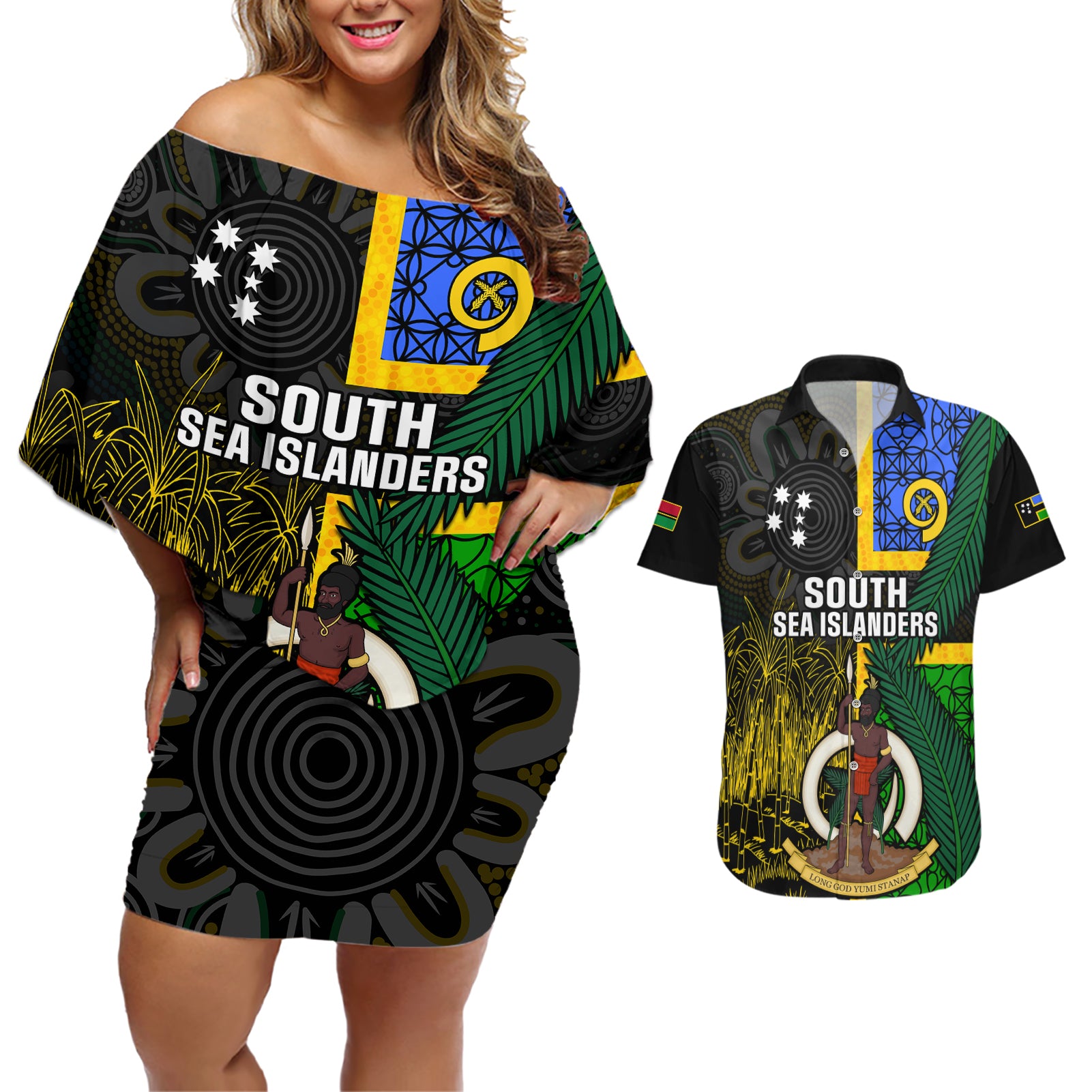 Personalised South Sea Islanders Couples Matching Off Shoulder Short Dress and Hawaiian Shirt Kanakas With Vanuatu Coat Of Arms - Wonder Print Shop