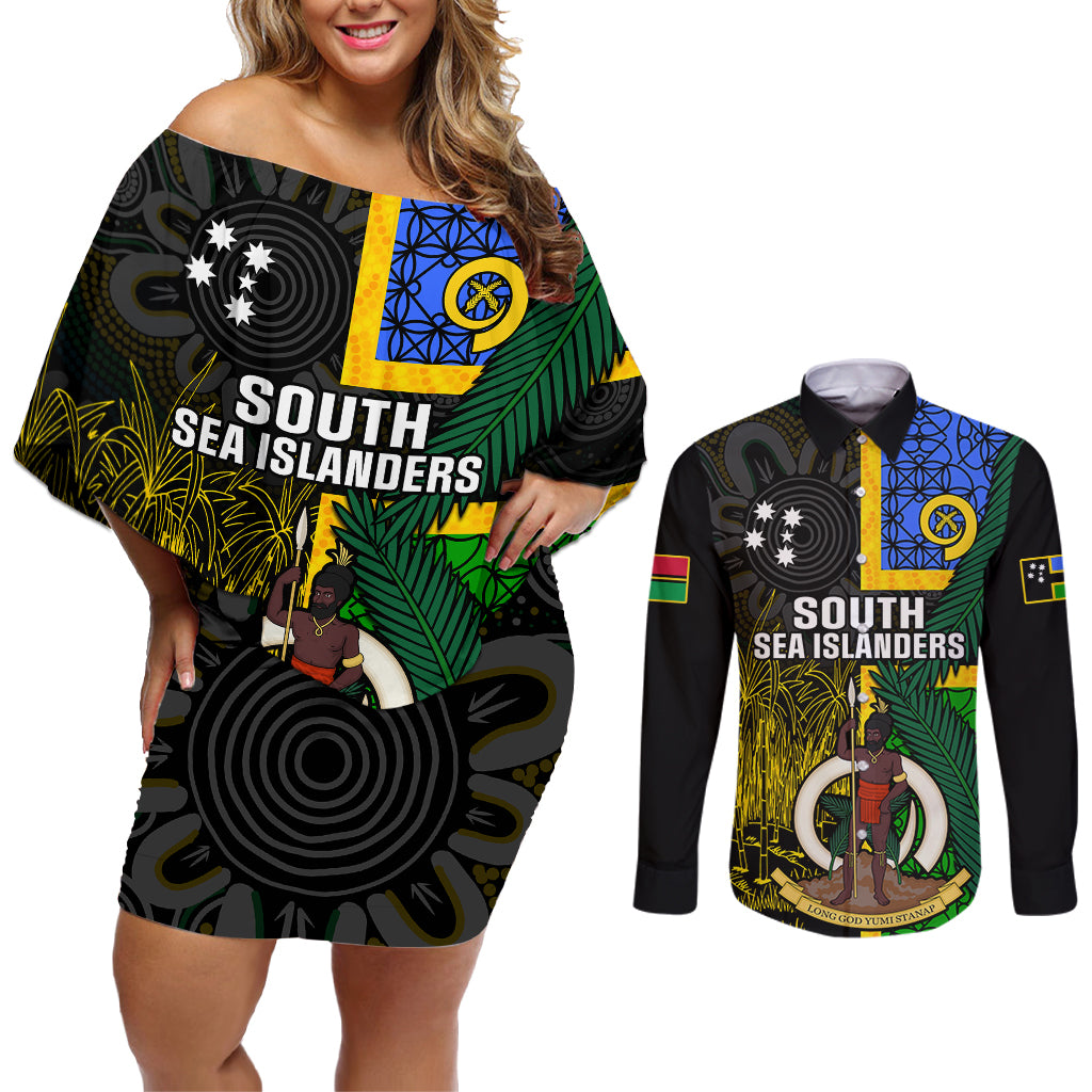 Personalised South Sea Islanders Couples Matching Off Shoulder Short Dress and Long Sleeve Button Shirts Kanakas With Vanuatu Coat Of Arms - Wonder Print Shop