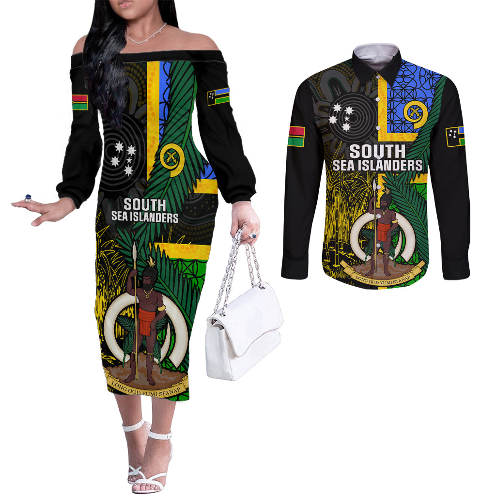 personalised-south-sea-islanders-couples-matching-off-the-shoulder-long-sleeve-dress-and-long-sleeve-button-shirts-kanakas-with-vanuatu-coat-of-arms