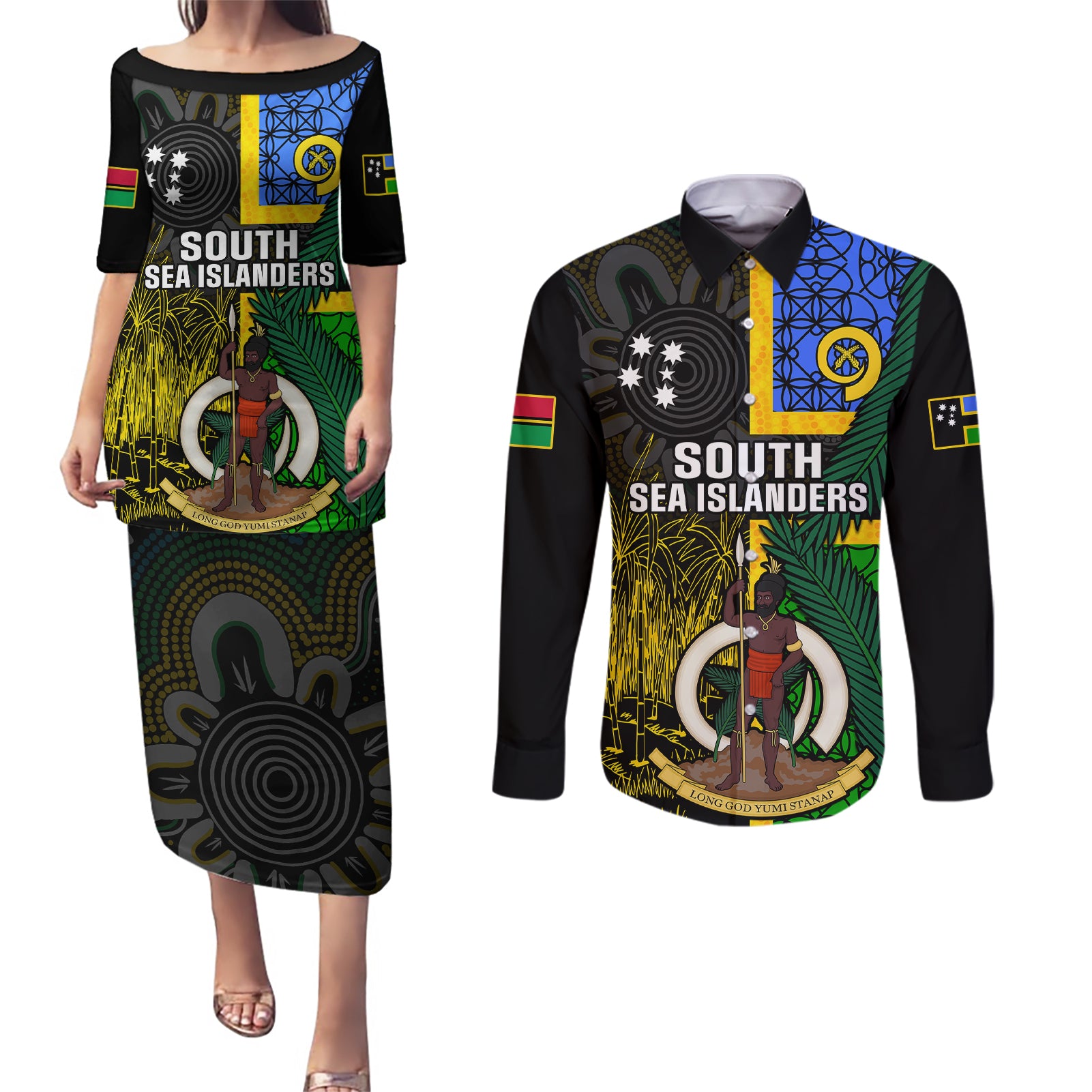 Personalised South Sea Islanders Couples Matching Puletasi Dress and Long Sleeve Button Shirts Kanakas With Vanuatu Coat Of Arms - Wonder Print Shop