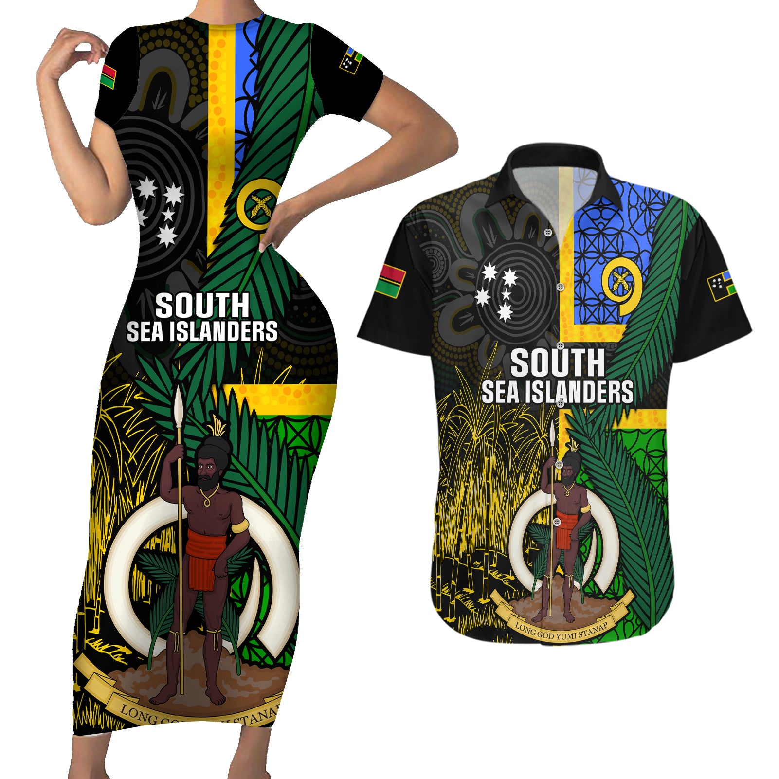 Personalised South Sea Islanders Couples Matching Short Sleeve Bodycon Dress and Hawaiian Shirt Kanakas With Vanuatu Coat Of Arms - Wonder Print Shop