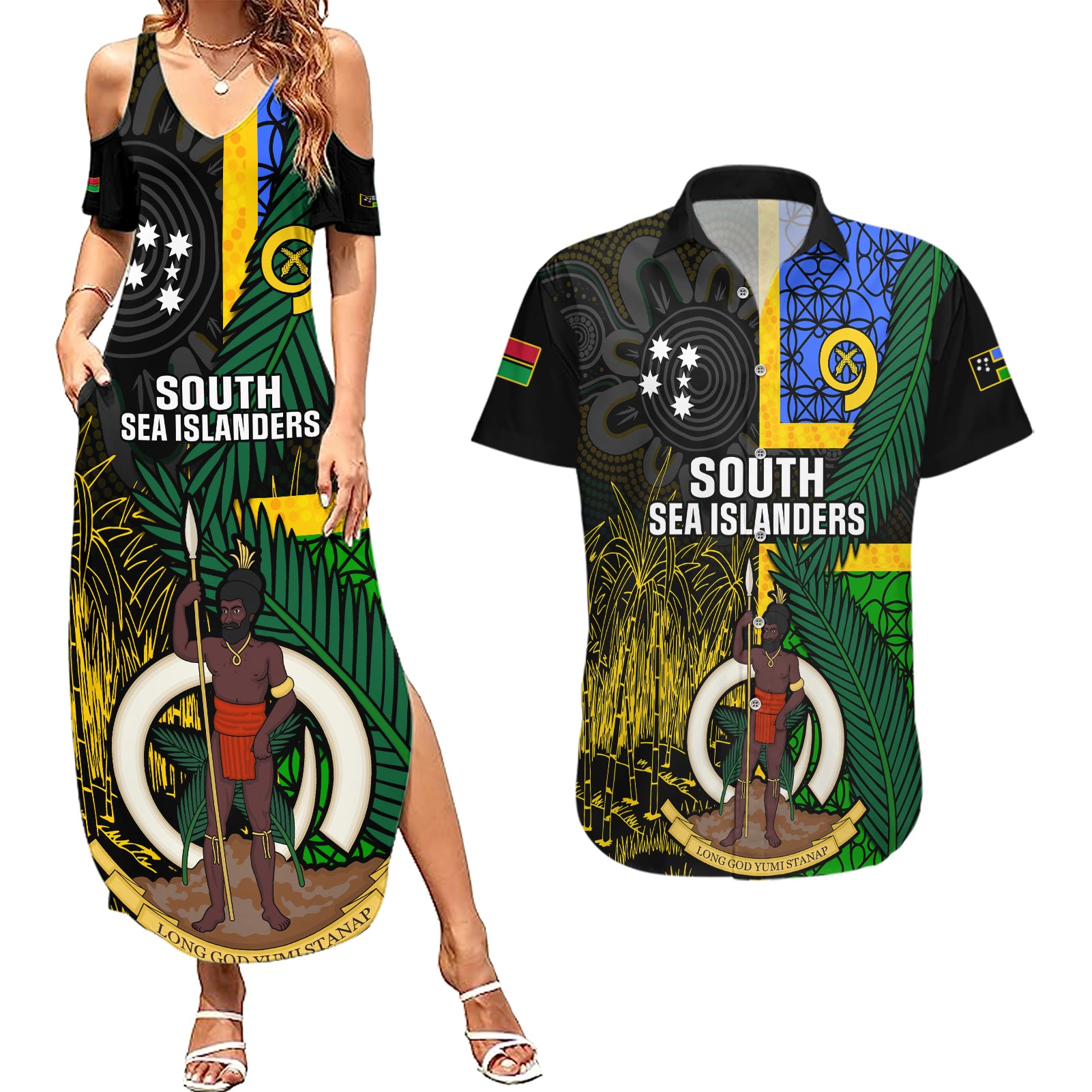 Personalised South Sea Islanders Couples Matching Summer Maxi Dress and Hawaiian Shirt Kanakas With Vanuatu Coat Of Arms - Wonder Print Shop