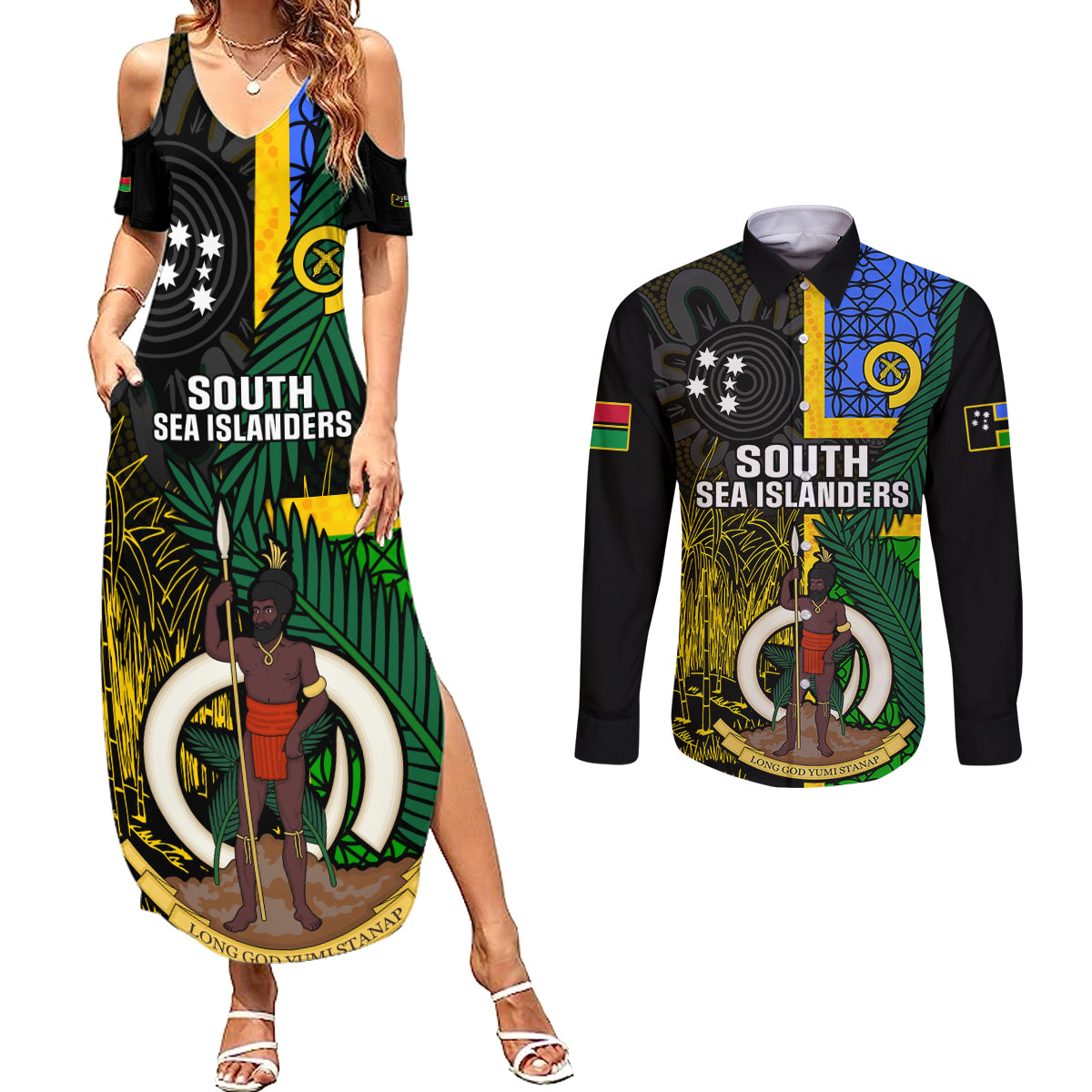 Personalised South Sea Islanders Couples Matching Summer Maxi Dress and Long Sleeve Button Shirts Kanakas With Vanuatu Coat Of Arms - Wonder Print Shop