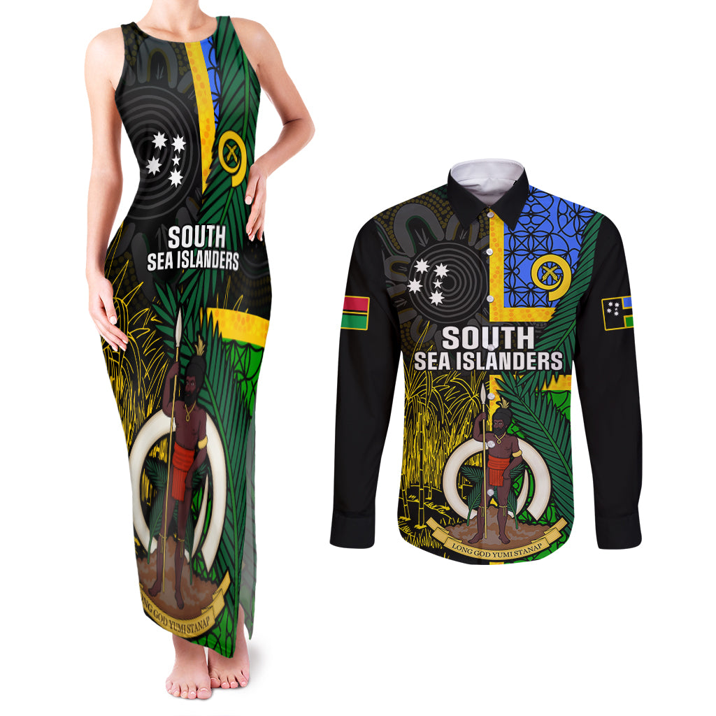 Personalised South Sea Islanders Couples Matching Tank Maxi Dress and Long Sleeve Button Shirts Kanakas With Vanuatu Coat Of Arms - Wonder Print Shop