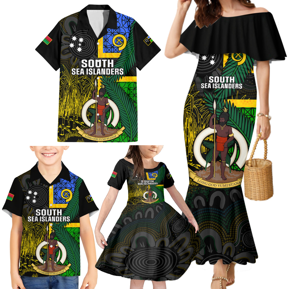 Personalised South Sea Islanders Family Matching Mermaid Dress and Hawaiian Shirt Kanakas With Vanuatu Coat Of Arms - Wonder Print Shop