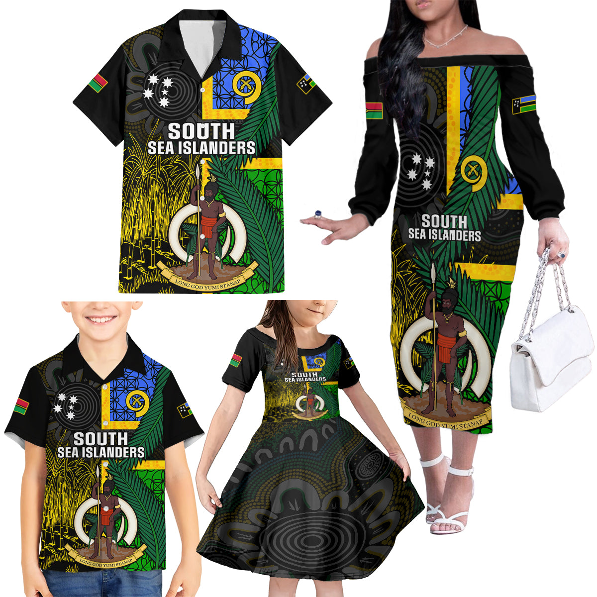 Personalised South Sea Islanders Family Matching Off Shoulder Long Sleeve Dress and Hawaiian Shirt Kanakas With Vanuatu Coat Of Arms - Wonder Print Shop