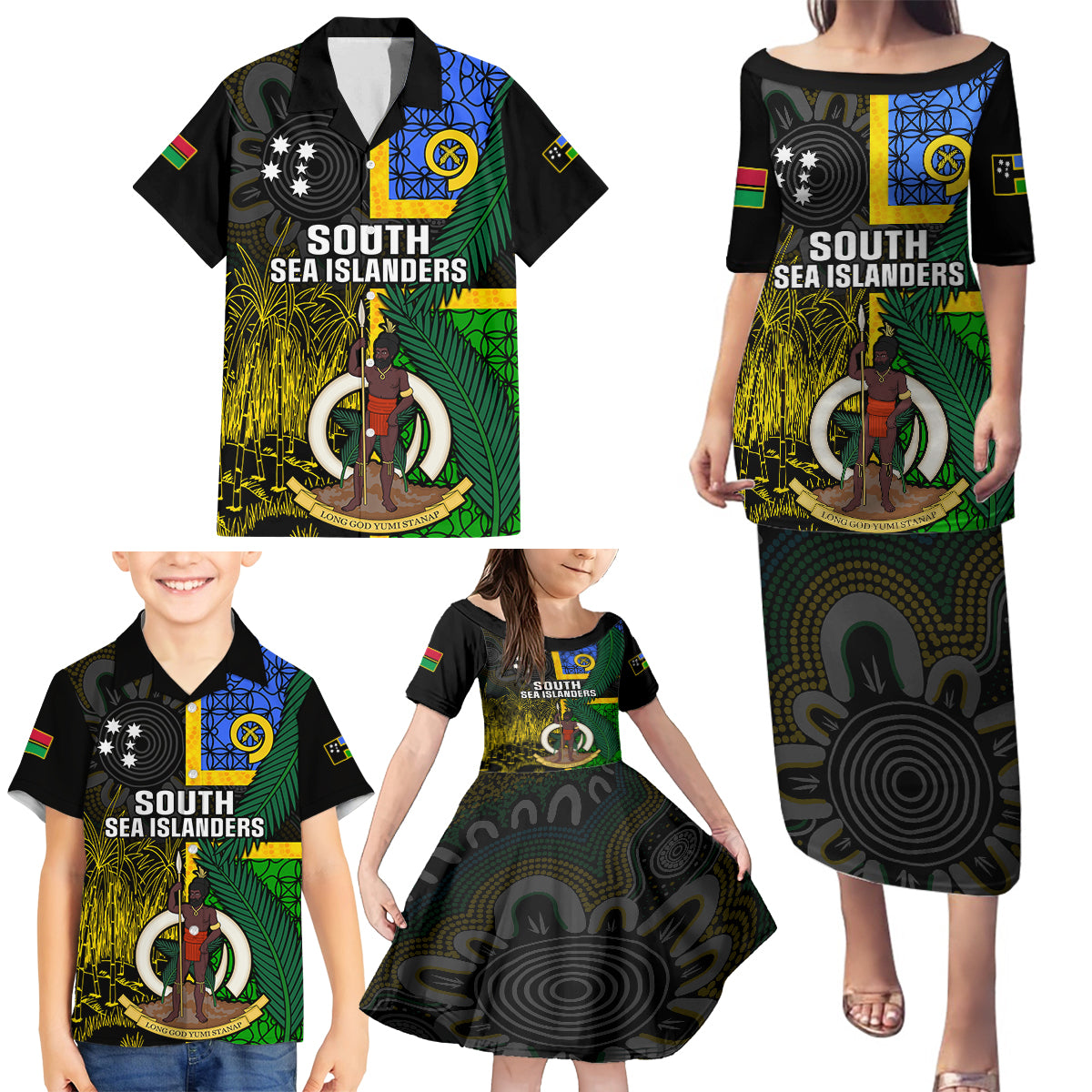 Personalised South Sea Islanders Family Matching Puletasi Dress and Hawaiian Shirt Kanakas With Vanuatu Coat Of Arms - Wonder Print Shop