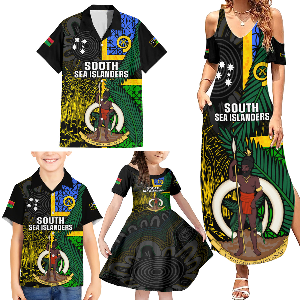 Personalised South Sea Islanders Family Matching Summer Maxi Dress and Hawaiian Shirt Kanakas With Vanuatu Coat Of Arms - Wonder Print Shop