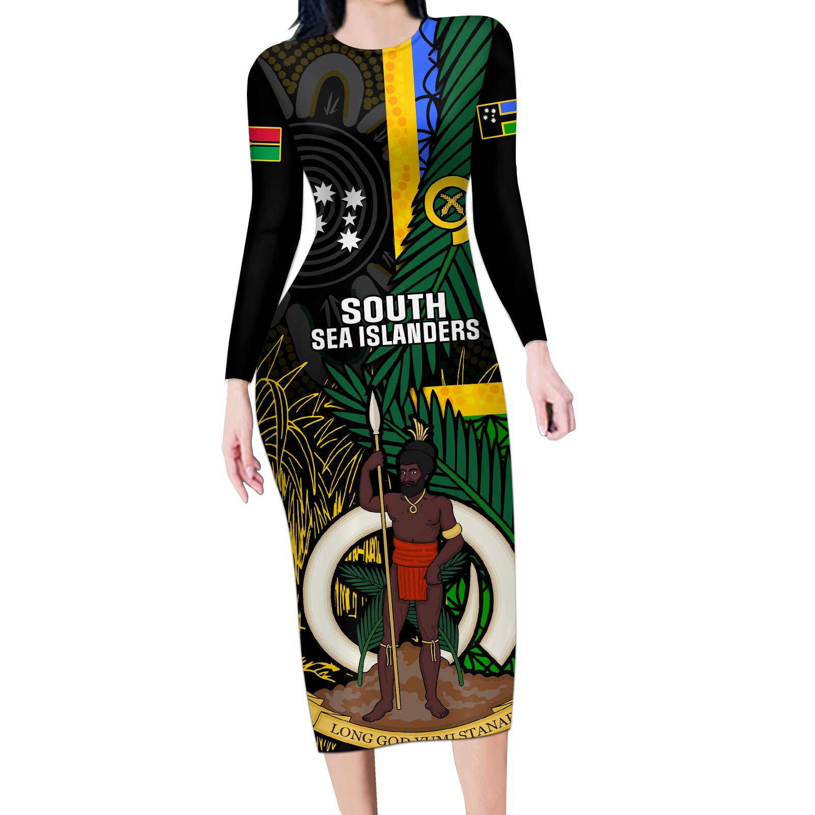 Personalised South Sea Islanders Long Sleeve Bodycon Dress Kanakas With Vanuatu Coat Of Arms - Wonder Print Shop