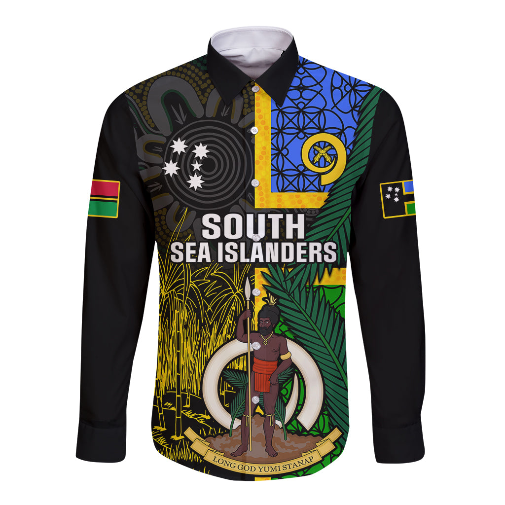 Black long-sleeve button shirt with South Sea Islanders graphic front