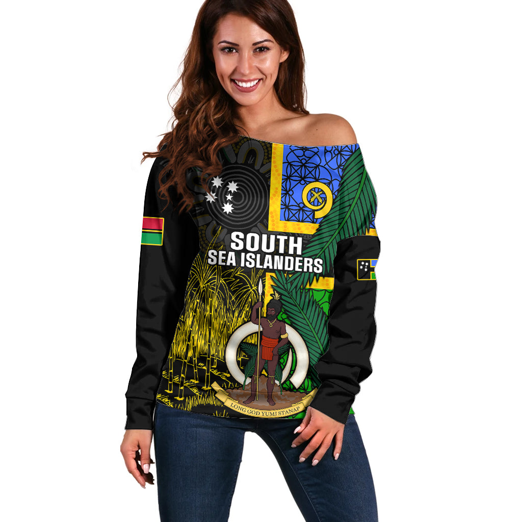 Personalised South Sea Islanders Off Shoulder Sweater Kanakas With Vanuatu Coat Of Arms - Wonder Print Shop