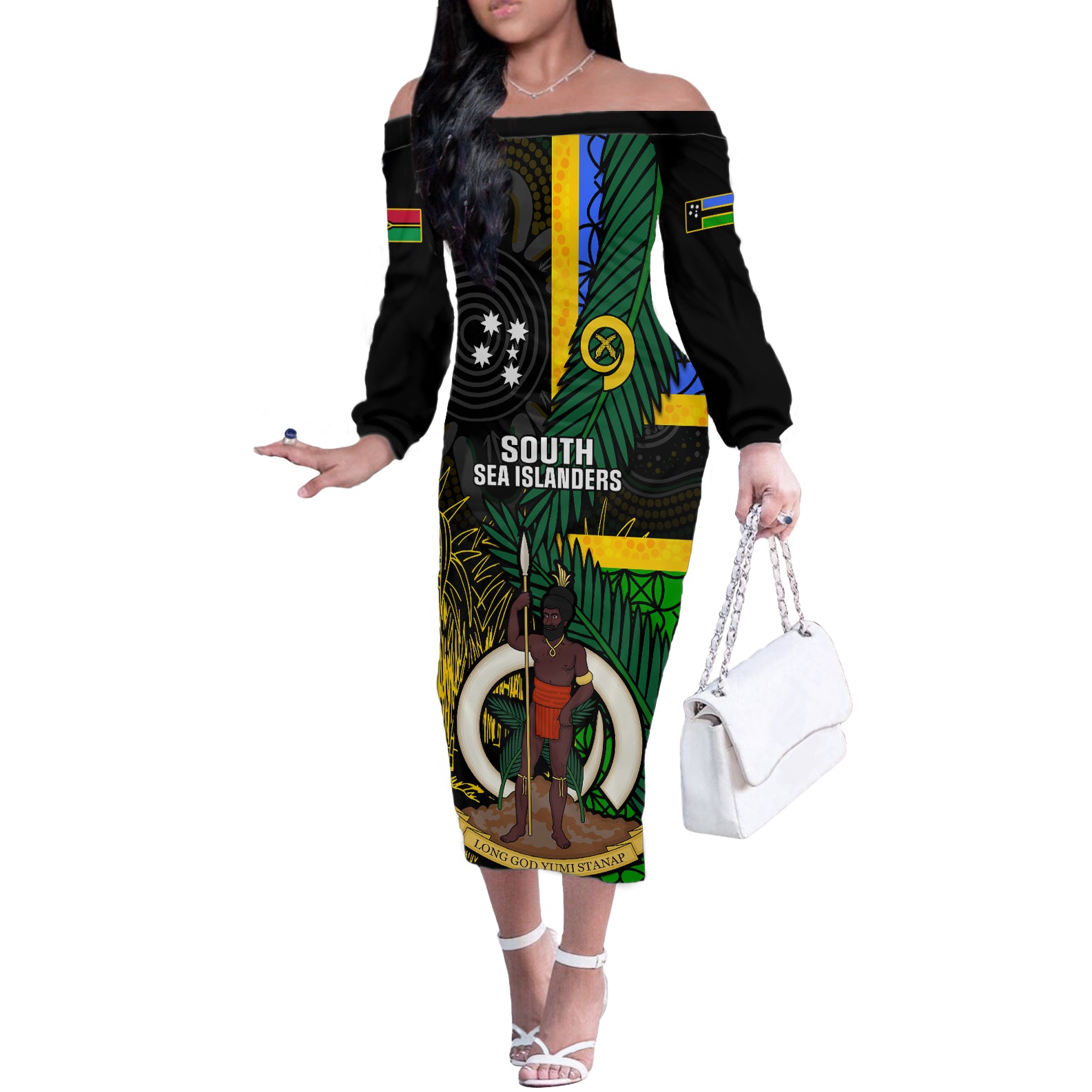 Personalised South Sea Islanders Off The Shoulder Long Sleeve Dress Kanakas With Vanuatu Coat Of Arms - Wonder Print Shop