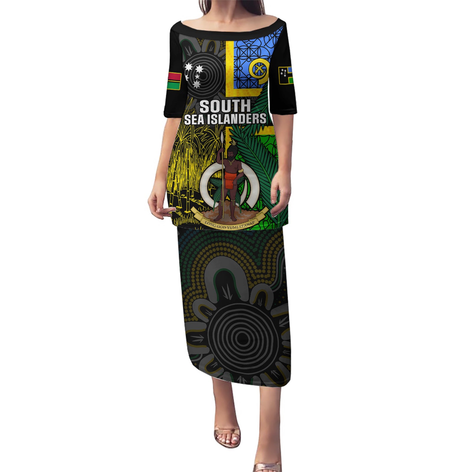 Personalised South Sea Islanders Puletasi Kanakas With Vanuatu Coat Of Arms - Wonder Print Shop