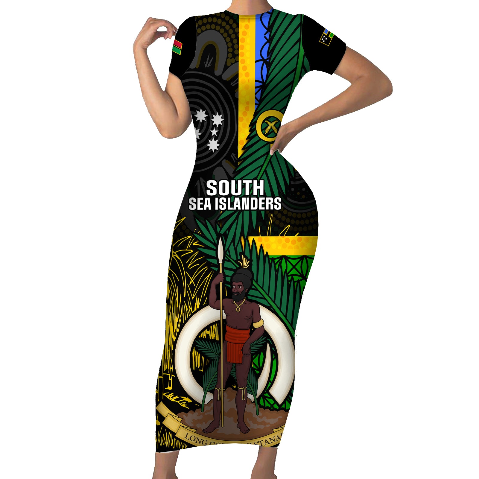 Personalised South Sea Islanders Short Sleeve Bodycon Dress Kanakas With Vanuatu Coat Of Arms - Wonder Print Shop