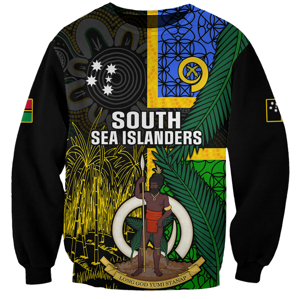 Unisex black sweatshirt with colorful South Sea Islanders graphic front