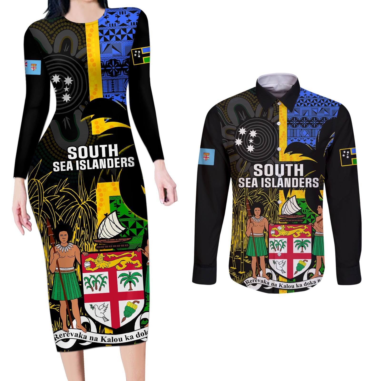 Personalised South Sea Islanders Couples Matching Long Sleeve Bodycon Dress and Long Sleeve Button Shirts Kanakas With Fiji Coat Of Arms - Wonder Print Shop