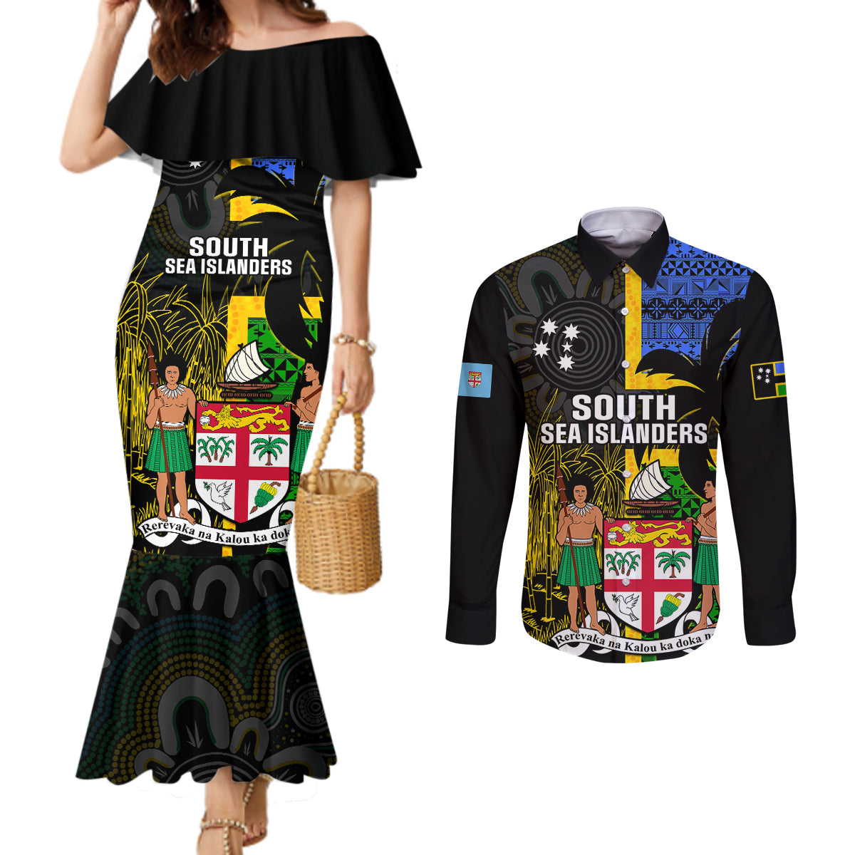 personalised-south-sea-islanders-couples-matching-mermaid-dress-and-long-sleeve-button-shirts-kanakas-with-fiji-coat-of-arms