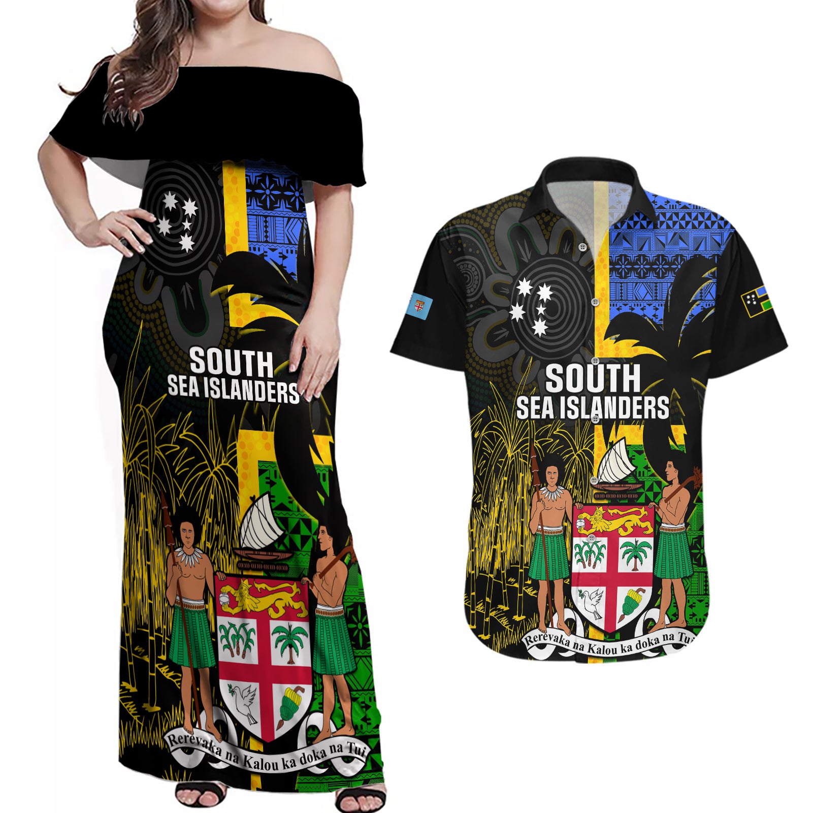 Personalised South Sea Islanders Couples Matching Off Shoulder Maxi Dress and Hawaiian Shirt Kanakas With Fiji Coat Of Arms - Wonder Print Shop