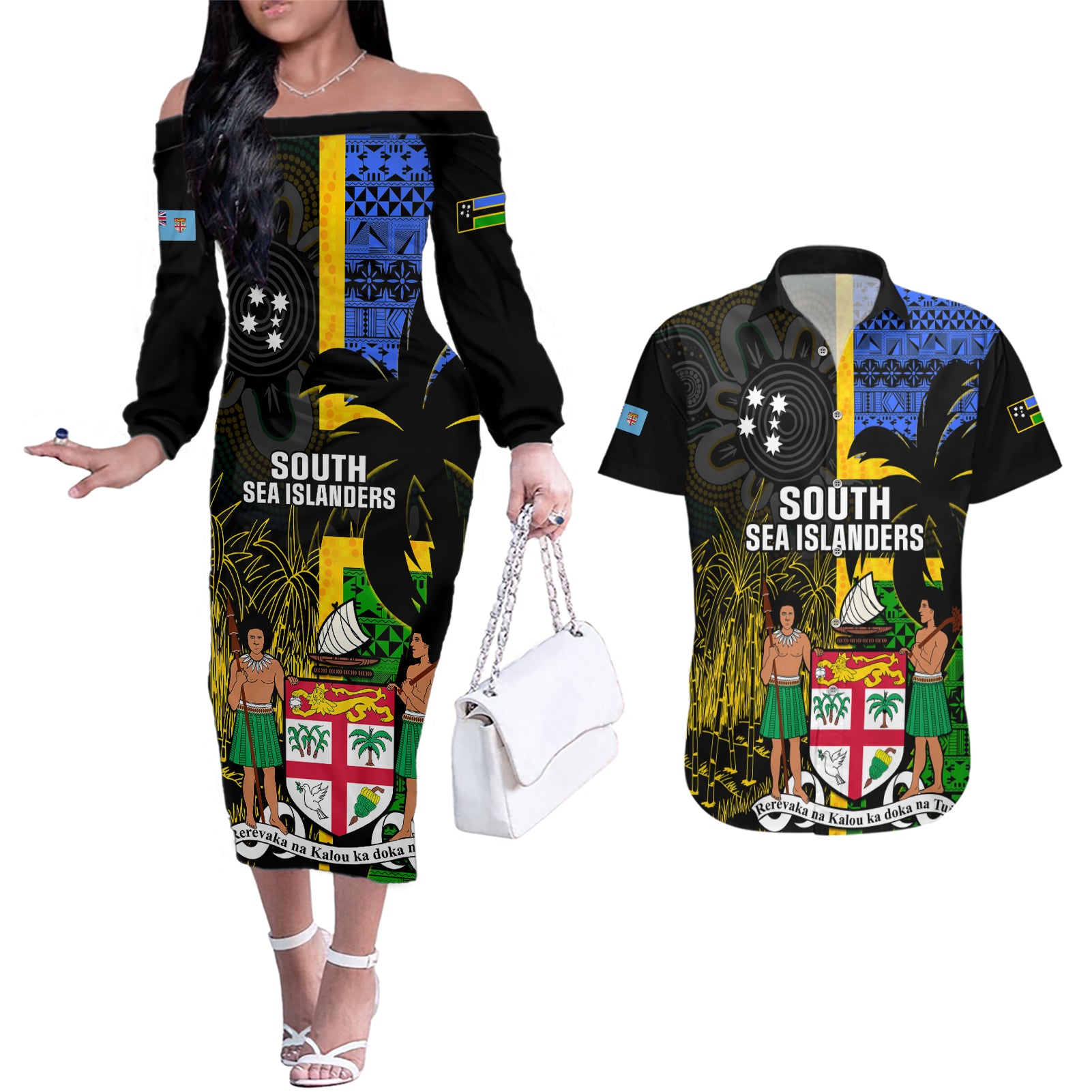 Personalised South Sea Islanders Couples Matching Off The Shoulder Long Sleeve Dress and Hawaiian Shirt Kanakas With Fiji Coat Of Arms - Wonder Print Shop