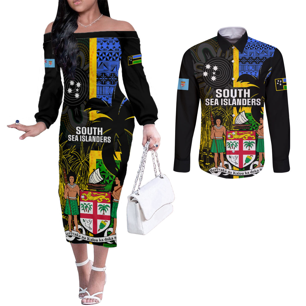 personalised-south-sea-islanders-couples-matching-off-the-shoulder-long-sleeve-dress-and-long-sleeve-button-shirts-kanakas-with-fiji-coat-of-arms