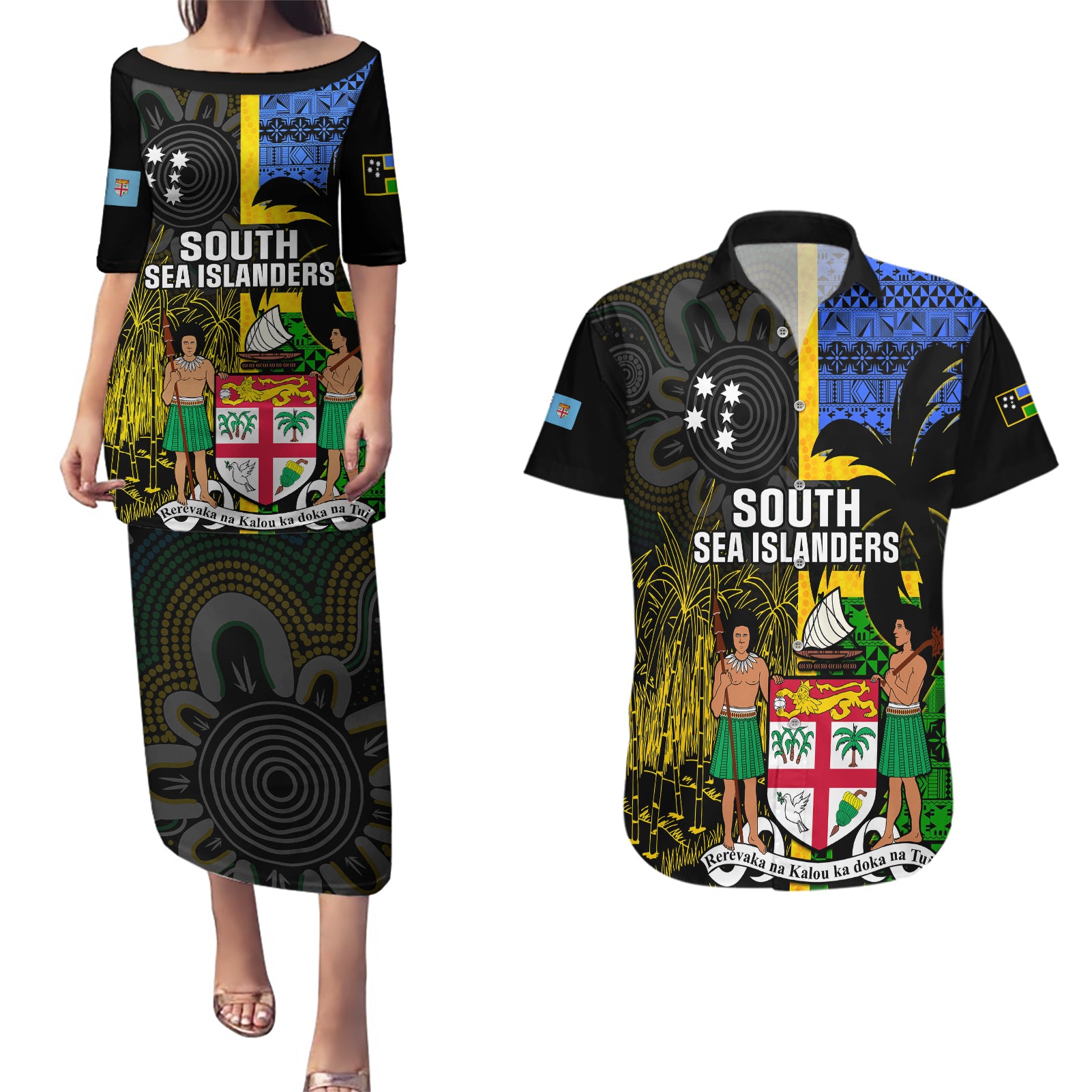 Personalised South Sea Islanders Couples Matching Puletasi Dress and Hawaiian Shirt Kanakas With Fiji Coat Of Arms - Wonder Print Shop