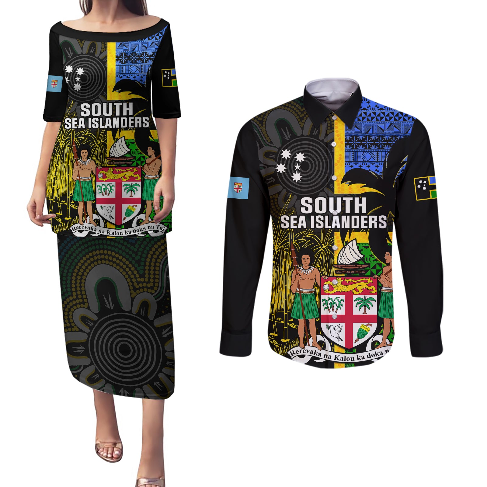 Personalised South Sea Islanders Couples Matching Puletasi Dress and Long Sleeve Button Shirts Kanakas With Fiji Coat Of Arms - Wonder Print Shop