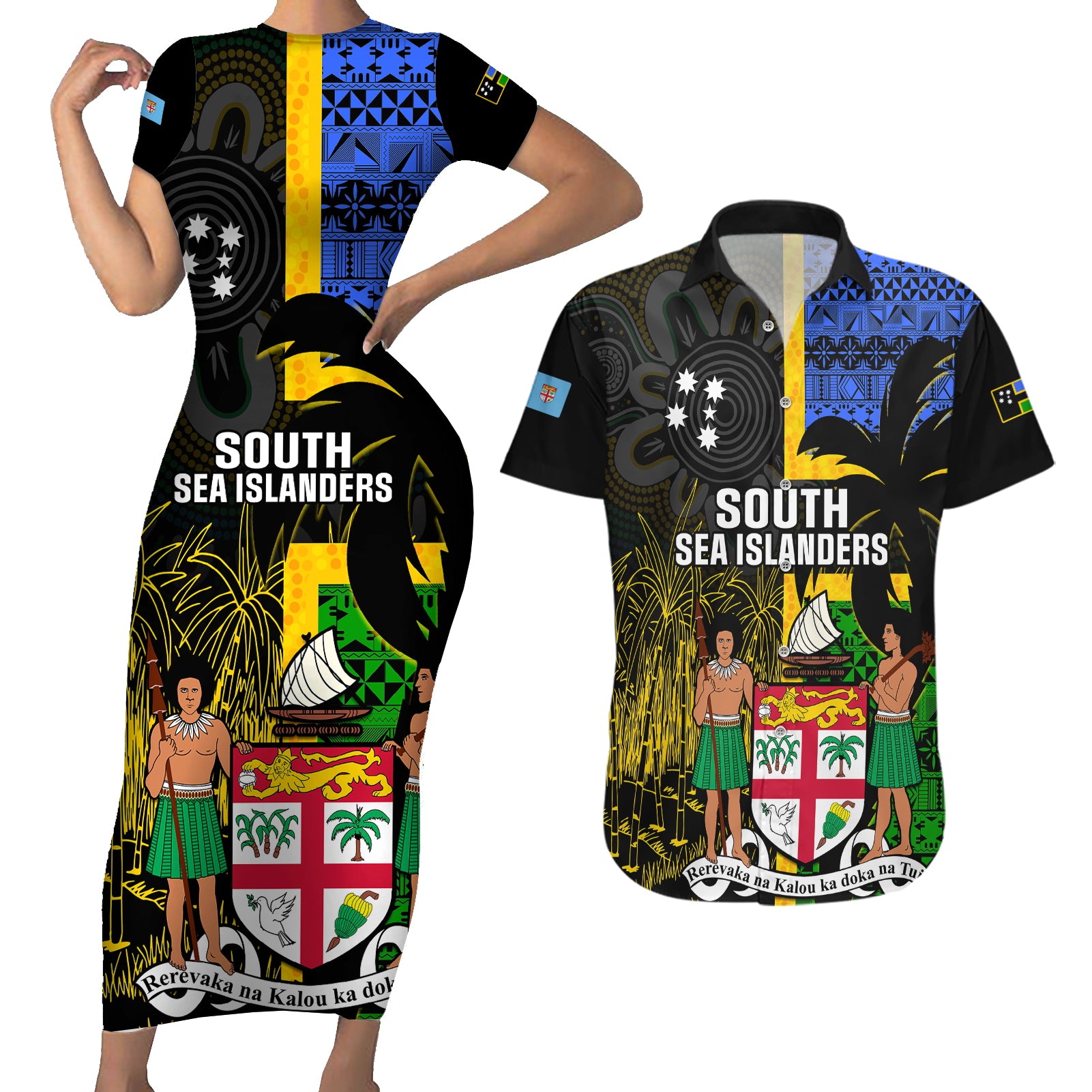 Personalised South Sea Islanders Couples Matching Short Sleeve Bodycon Dress and Hawaiian Shirt Kanakas With Fiji Coat Of Arms - Wonder Print Shop