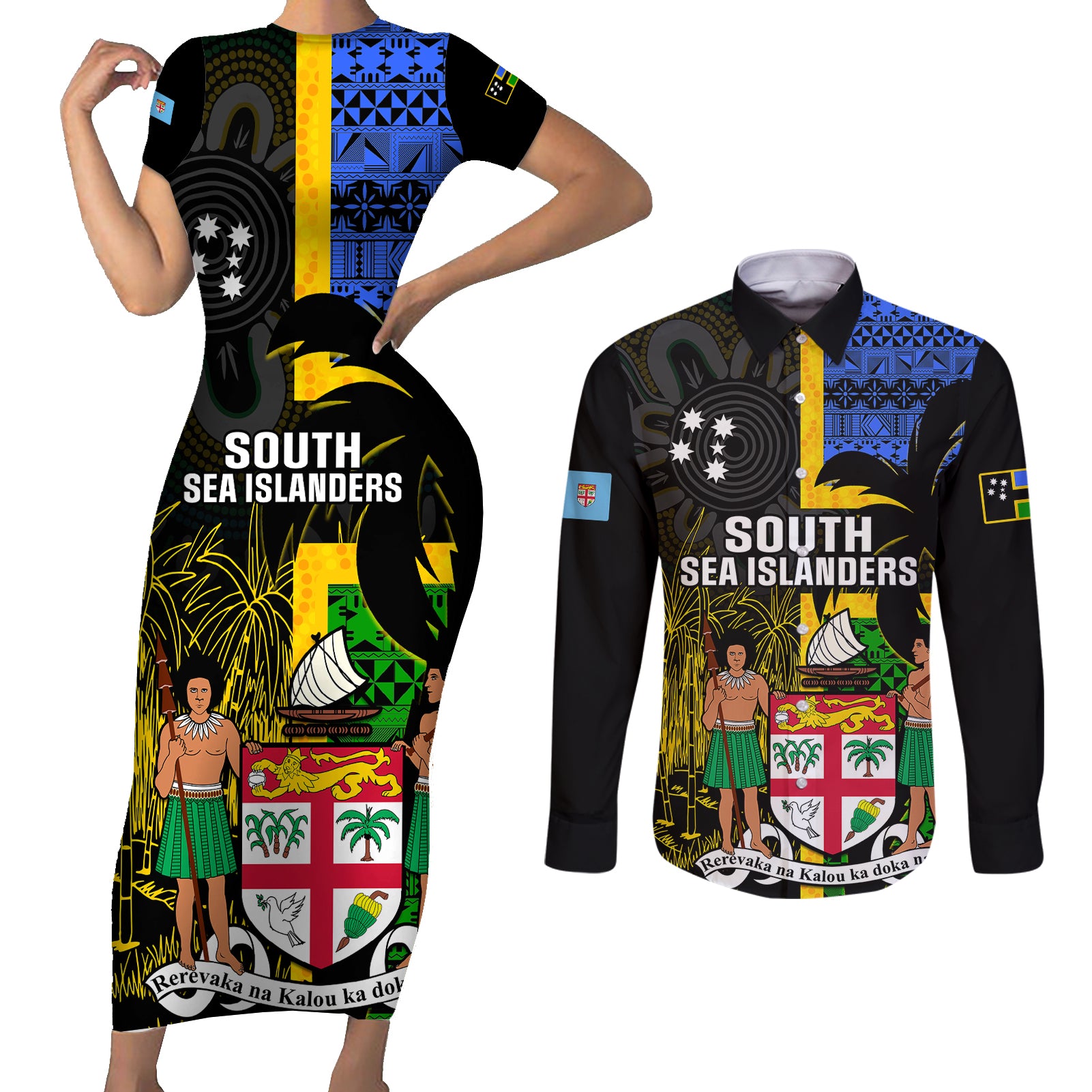 Personalised South Sea Islanders Couples Matching Short Sleeve Bodycon Dress and Long Sleeve Button Shirts Kanakas With Fiji Coat Of Arms - Wonder Print Shop