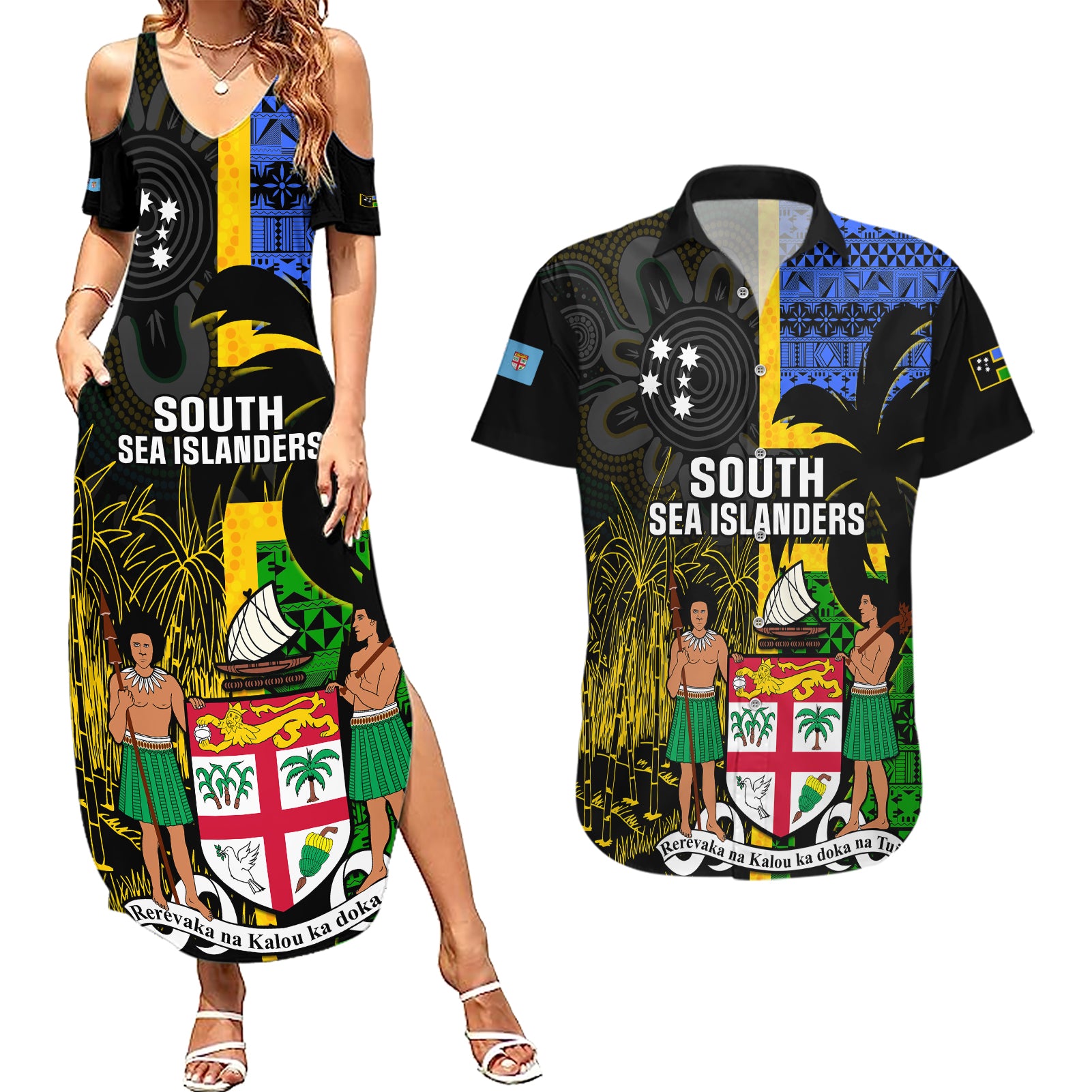 Personalised South Sea Islanders Couples Matching Summer Maxi Dress and Hawaiian Shirt Kanakas With Fiji Coat Of Arms - Wonder Print Shop