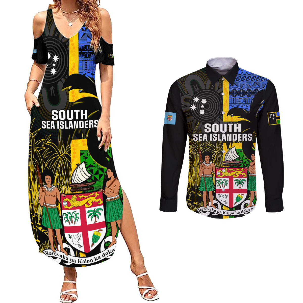 Personalised South Sea Islanders Couples Matching Summer Maxi Dress and Long Sleeve Button Shirts Kanakas With Fiji Coat Of Arms - Wonder Print Shop