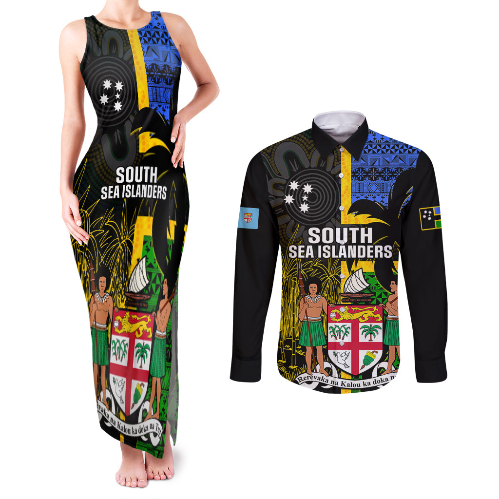 Personalised South Sea Islanders Couples Matching Tank Maxi Dress and Long Sleeve Button Shirts Kanakas With Fiji Coat Of Arms - Wonder Print Shop