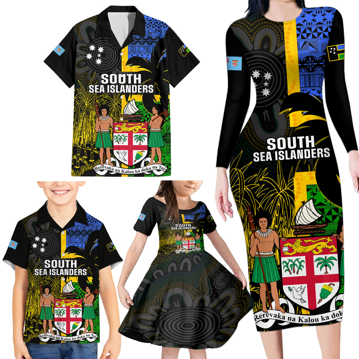 Personalised South Sea Islanders Family Matching Long Sleeve Bodycon Dress and Hawaiian Shirt Kanakas With Fiji Coat Of Arms - Wonder Print Shop