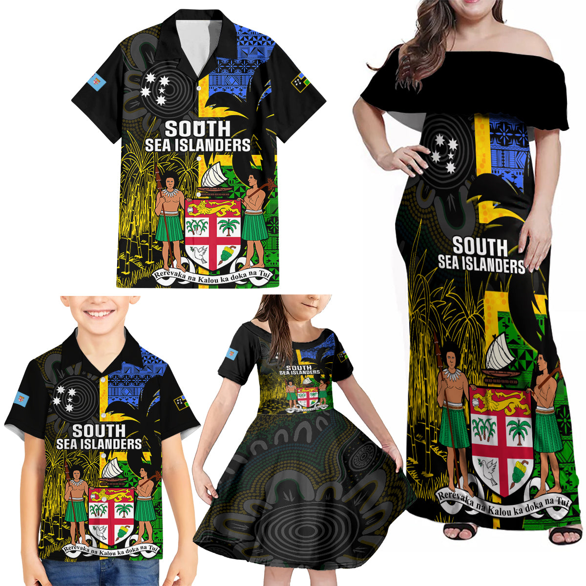 Personalised South Sea Islanders Family Matching Off Shoulder Maxi Dress and Hawaiian Shirt Kanakas With Fiji Coat Of Arms - Wonder Print Shop