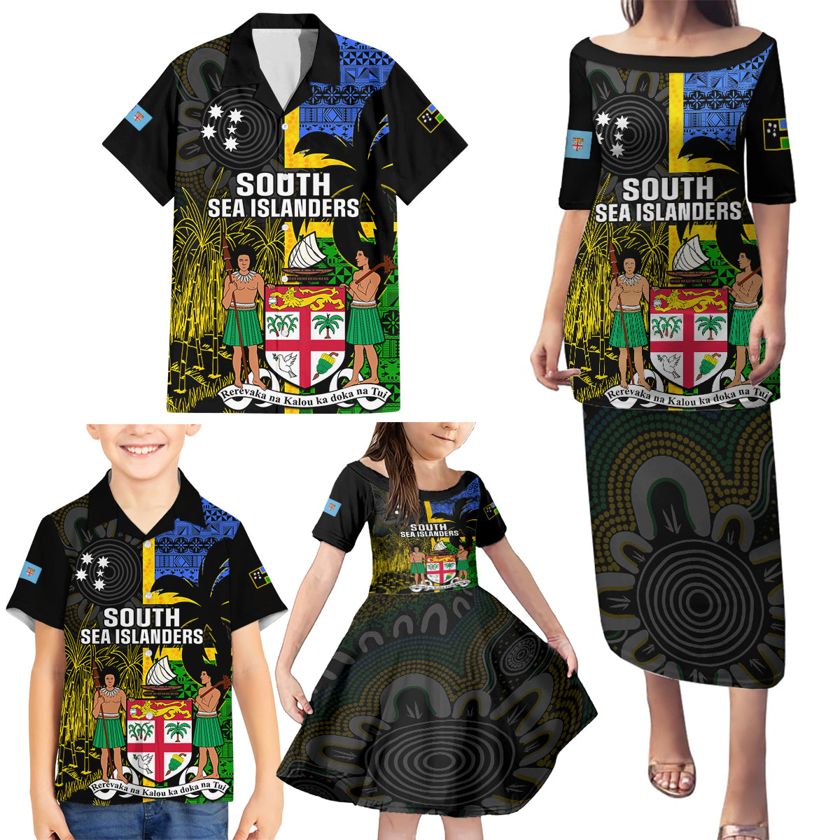 Personalised South Sea Islanders Family Matching Puletasi Dress and Hawaiian Shirt Kanakas With Fiji Coat Of Arms - Wonder Print Shop