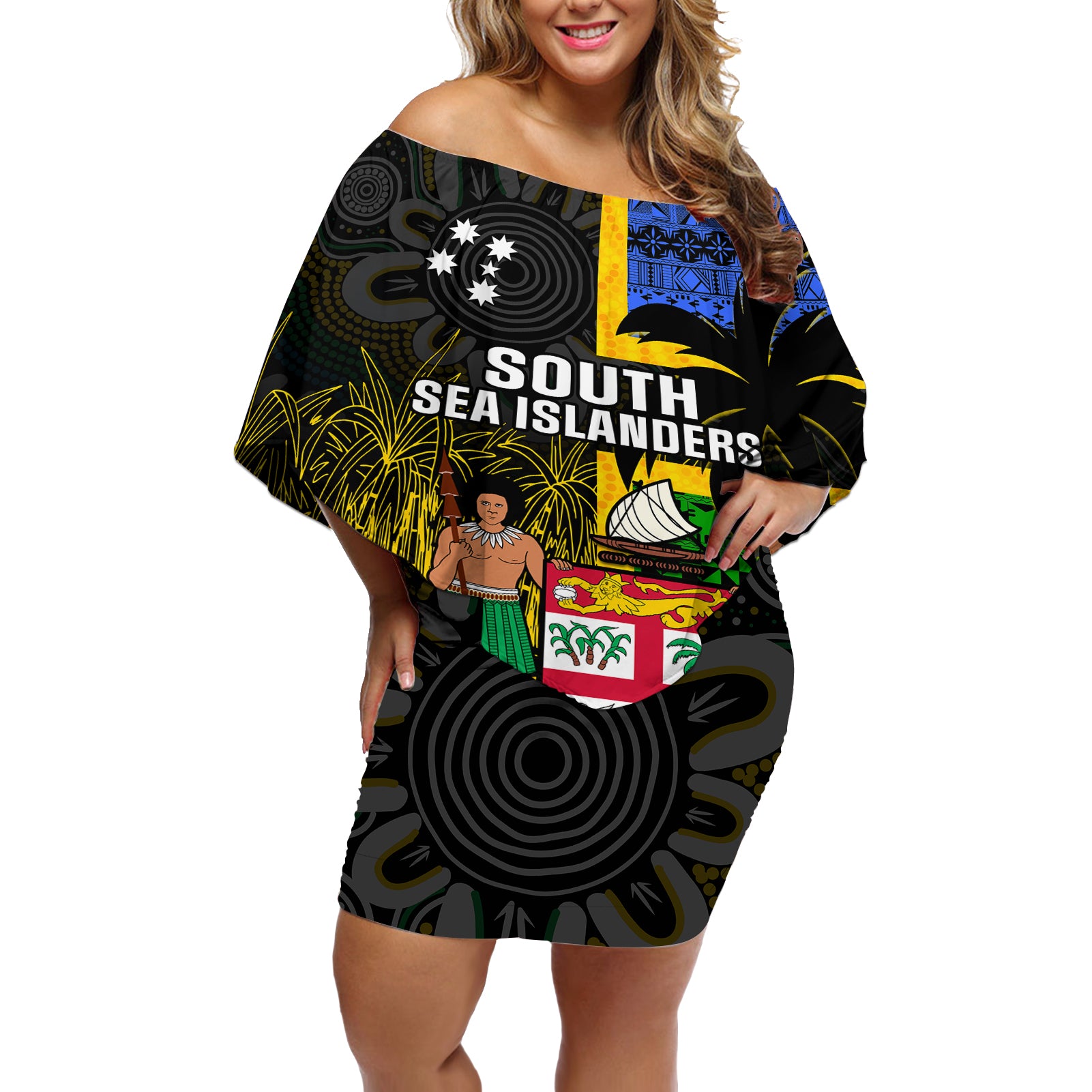 Personalised South Sea Islanders Off Shoulder Short Dress Kanakas With Fiji Coat Of Arms - Wonder Print Shop