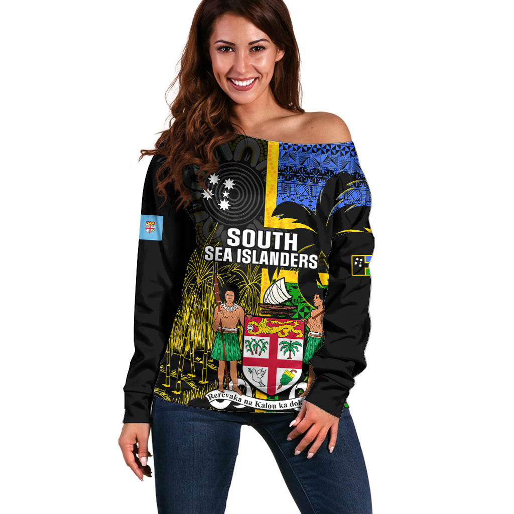 Personalised South Sea Islanders Off Shoulder Sweater Kanakas With Fiji Coat Of Arms - Wonder Print Shop