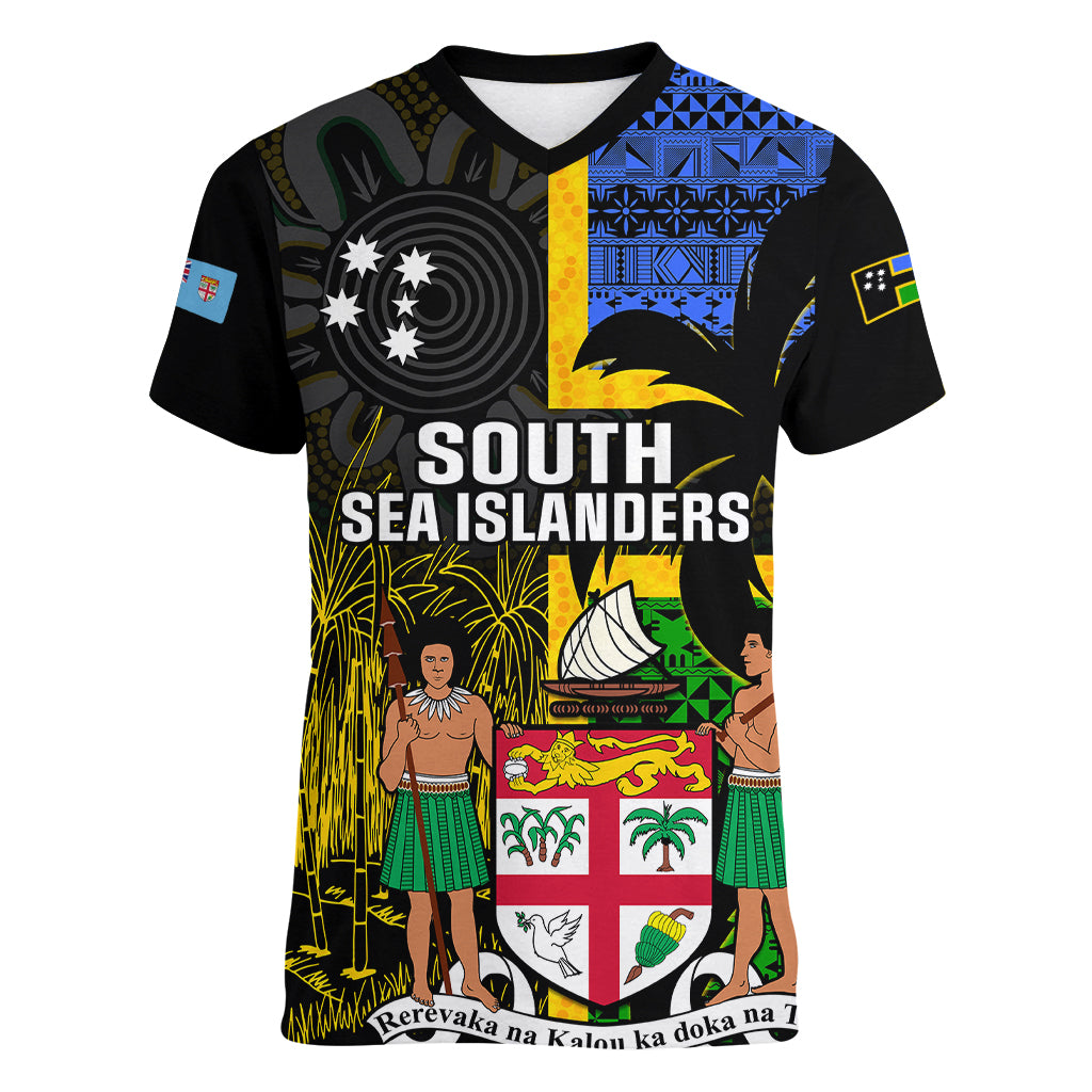 Personalised South Sea Islanders Women V Neck T Shirt Kanakas With Fiji Coat Of Arms - Wonder Print Shop