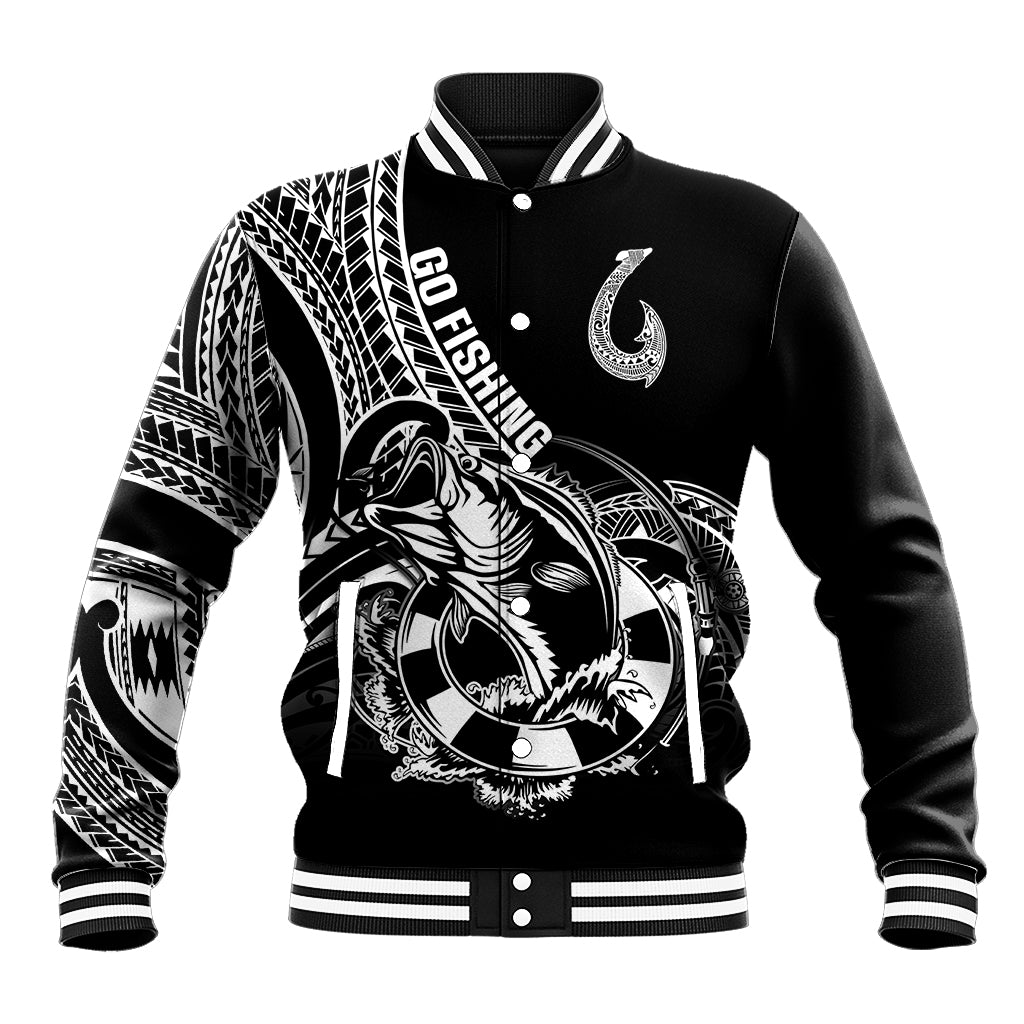 Black baseball jacket with fish hook Polynesian tattoo graphic and striped rib trim