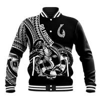 Black baseball jacket with fish hook Polynesian tattoo graphic and striped rib trim