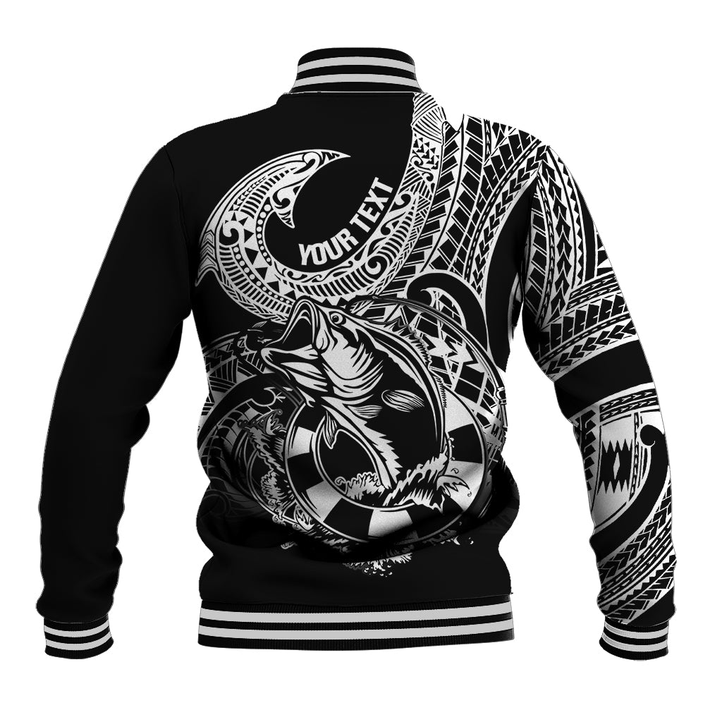 Black baseball jacket with back fish illustration and Polynesian tribal pattern, striped cuffs