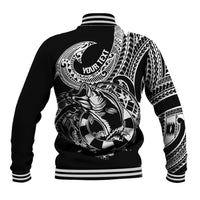 Black baseball jacket with back fish illustration and Polynesian tribal pattern, striped cuffs