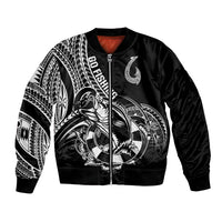 Black bomber jacket with front zipper and white Polynesian fish tattoo artwork, Go Fishing