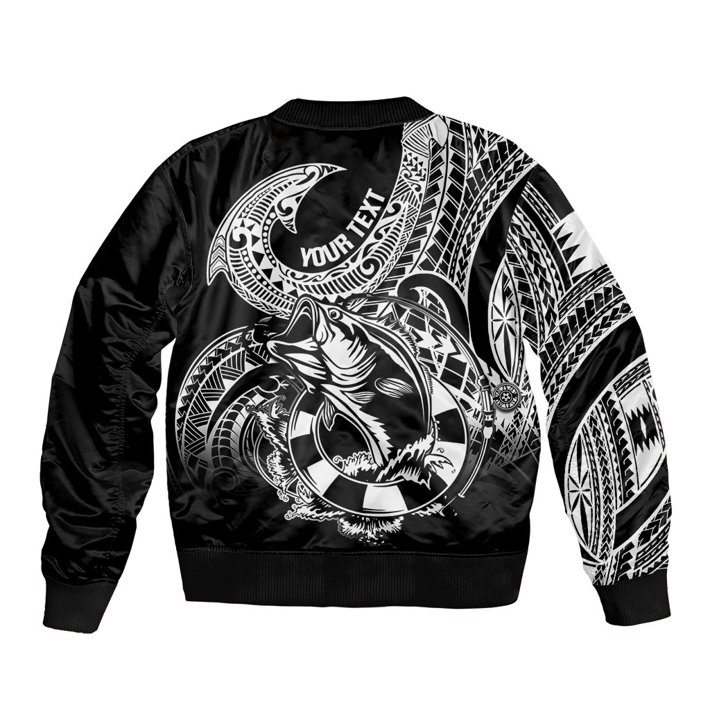 Black bomber jacket with back graphic of fish and hook in white Polynesian patterns