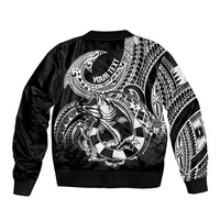 Black bomber jacket with back graphic of fish and hook in white Polynesian patterns