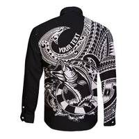 Black long-sleeve button shirt with back tribal pattern and fish tattoo graphic